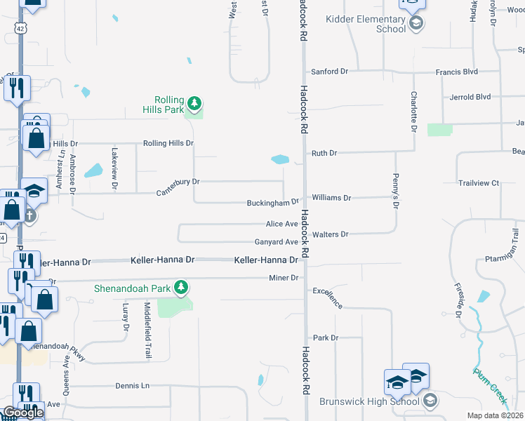 map of restaurants, bars, coffee shops, grocery stores, and more near 3902 Buckingham Drive in Brunswick