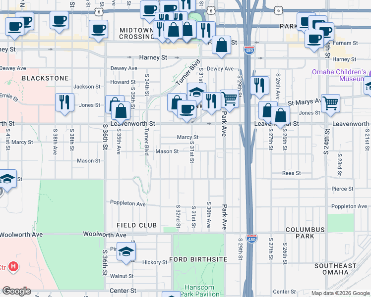map of restaurants, bars, coffee shops, grocery stores, and more near 3116 Marcy Street in Omaha
