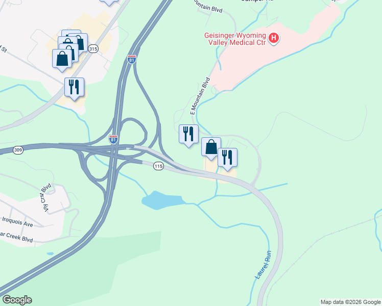 map of restaurants, bars, coffee shops, grocery stores, and more near 600 Wildflower Drive in Wilkes-Barre