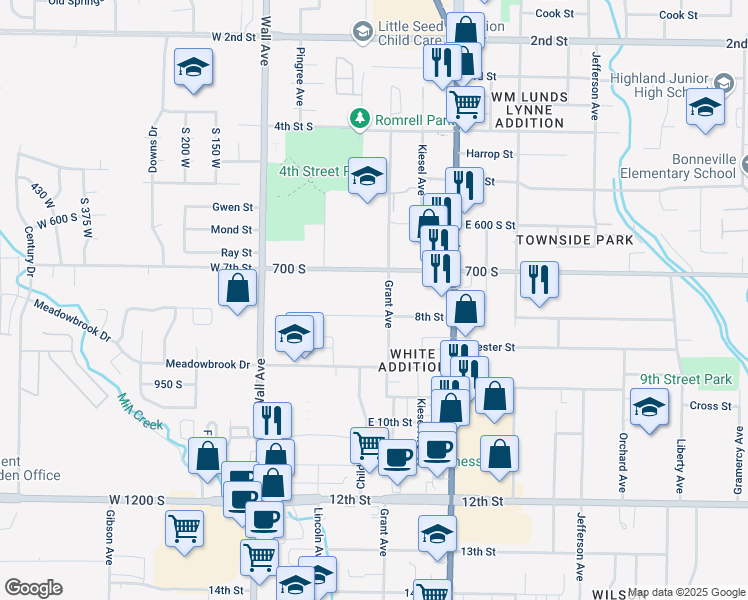 map of restaurants, bars, coffee shops, grocery stores, and more near 281 East 700 South Street in Ogden
