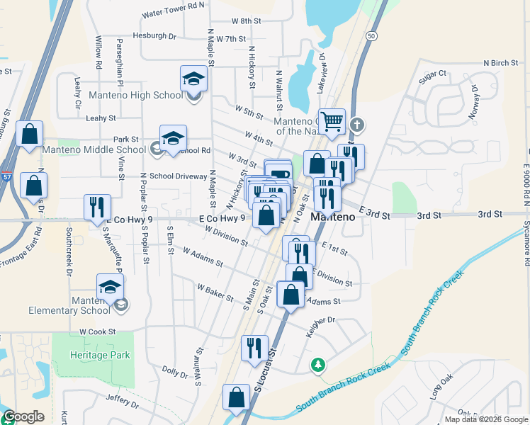 map of restaurants, bars, coffee shops, grocery stores, and more near 98 West 2nd Street in Manteno