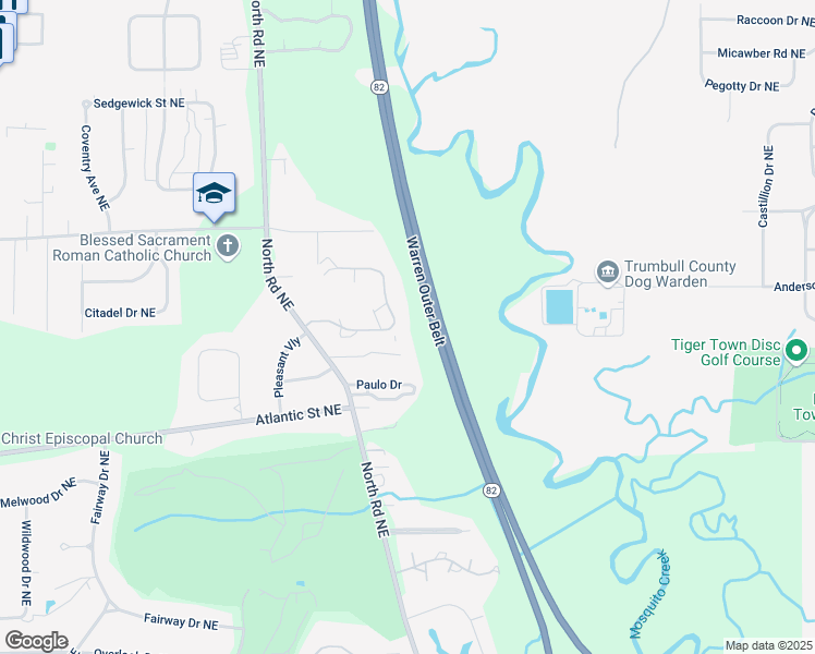map of restaurants, bars, coffee shops, grocery stores, and more near 901 Willow Brook Drive Northeast in Warren