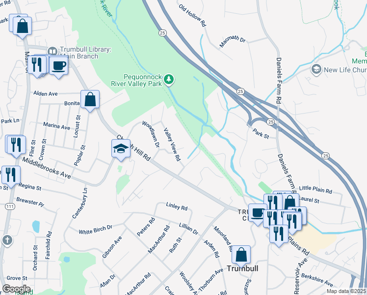 map of restaurants, bars, coffee shops, grocery stores, and more near 21 Rockland Circle in Trumbull