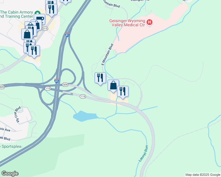 map of restaurants, bars, coffee shops, grocery stores, and more near 32-50 Wildflower Drive in Wilkes-Barre