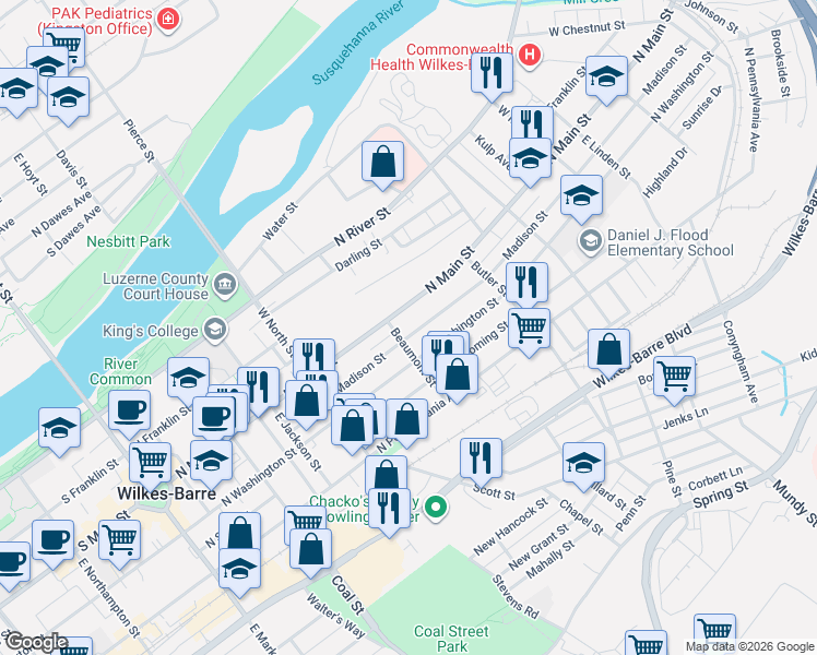 map of restaurants, bars, coffee shops, grocery stores, and more near 323 North Main Street in Wilkes-Barre