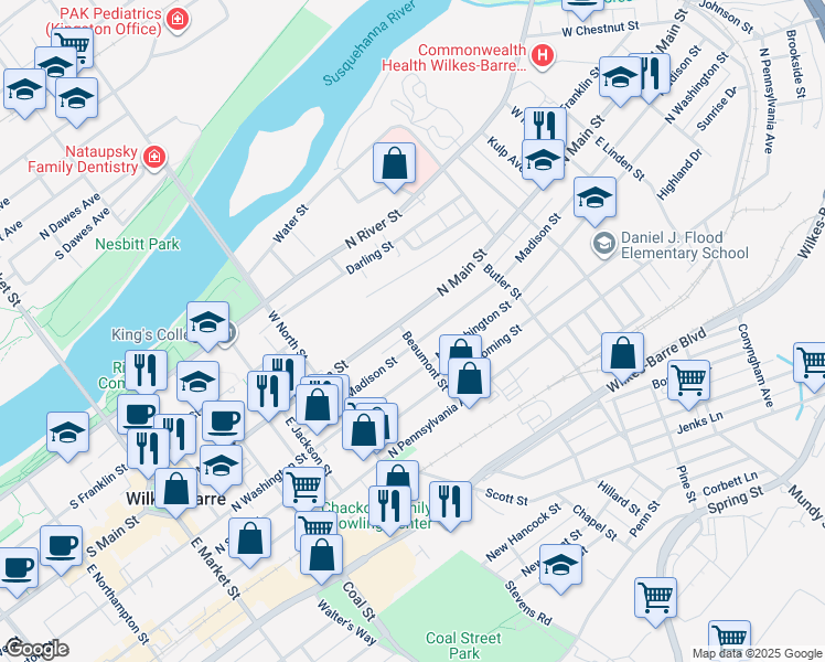 map of restaurants, bars, coffee shops, grocery stores, and more near 323 North Main Street in Wilkes-Barre