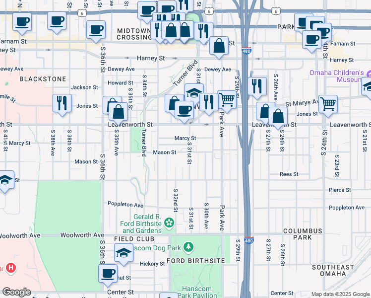 map of restaurants, bars, coffee shops, grocery stores, and more near 3116 Marcy Street in Omaha