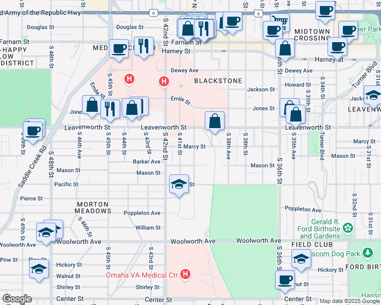 map of restaurants, bars, coffee shops, grocery stores, and more near 3939 Leavenworth Street in Omaha