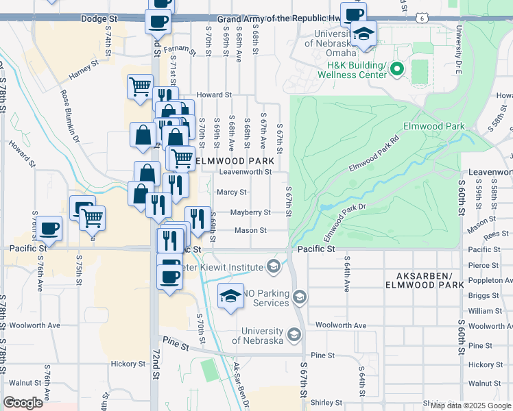 map of restaurants, bars, coffee shops, grocery stores, and more near 901 South 68th Street in Omaha