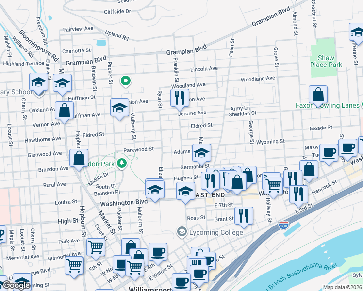 map of restaurants, bars, coffee shops, grocery stores, and more near 1012 Franklin Street in Williamsport