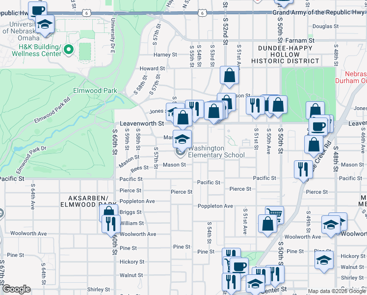 map of restaurants, bars, coffee shops, grocery stores, and more near 5514 Marcy Street in Omaha