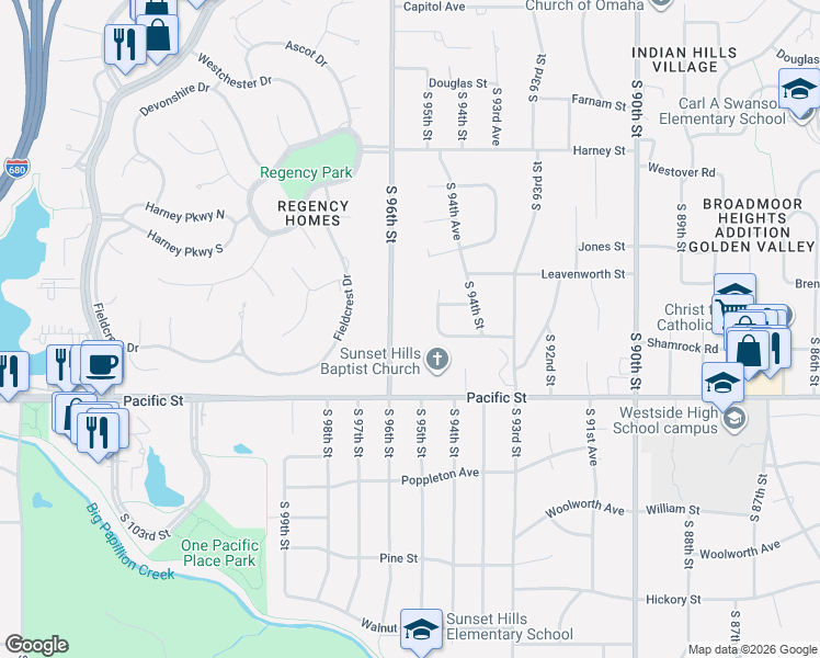 map of restaurants, bars, coffee shops, grocery stores, and more near 821 South 96th Street in Omaha