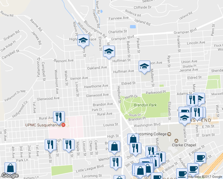map of restaurants, bars, coffee shops, grocery stores, and more near Market Street in Williamsport