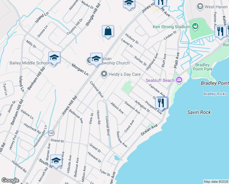 map of restaurants, bars, coffee shops, grocery stores, and more near 70 Roosevelt Avenue in West Haven