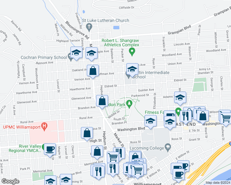 map of restaurants, bars, coffee shops, grocery stores, and more near 1011 Baldwin Street in Williamsport