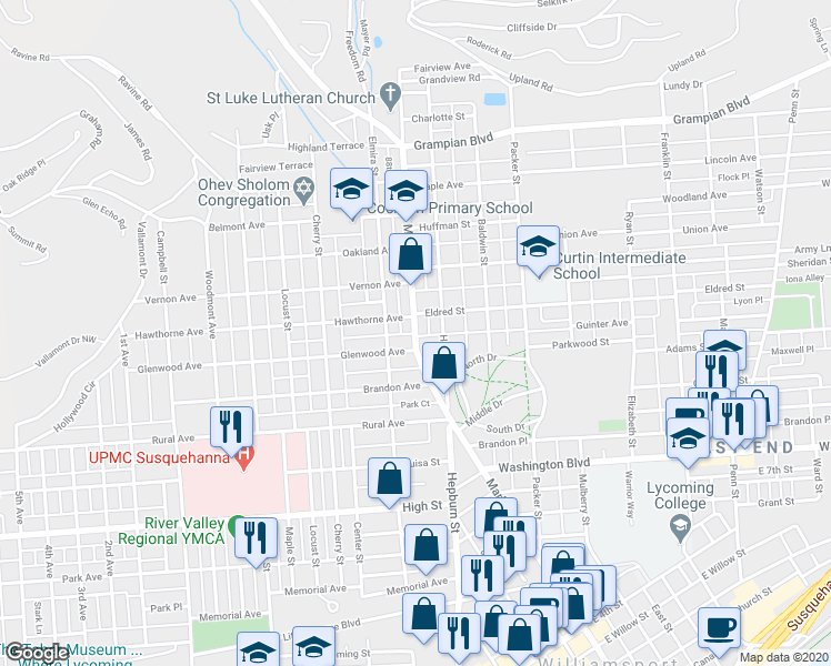 map of restaurants, bars, coffee shops, grocery stores, and more near 1051 Market Street in Williamsport