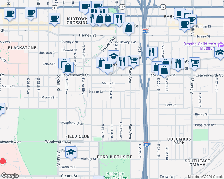 map of restaurants, bars, coffee shops, grocery stores, and more near 3024 Marcy Street in Omaha