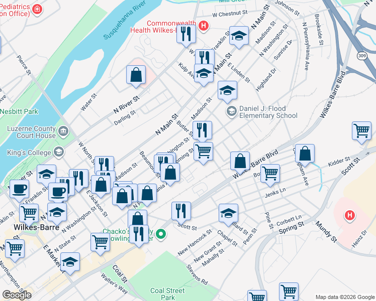 map of restaurants, bars, coffee shops, grocery stores, and more near 415 North Washington Street in Wilkes-Barre