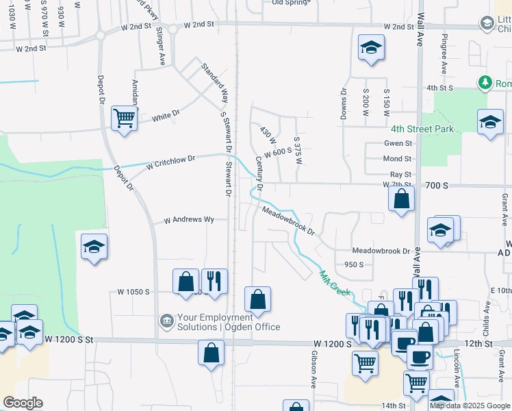 map of restaurants, bars, coffee shops, grocery stores, and more near 734 Century Drive in Ogden