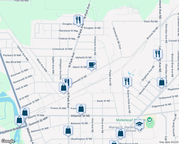 map of restaurants, bars, coffee shops, grocery stores, and more near 379 Griswold Street Northeast in Warren