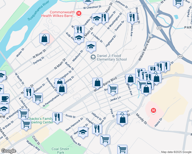 map of restaurants, bars, coffee shops, grocery stores, and more near 509 North Pennsylvania Avenue in Wilkes-Barre