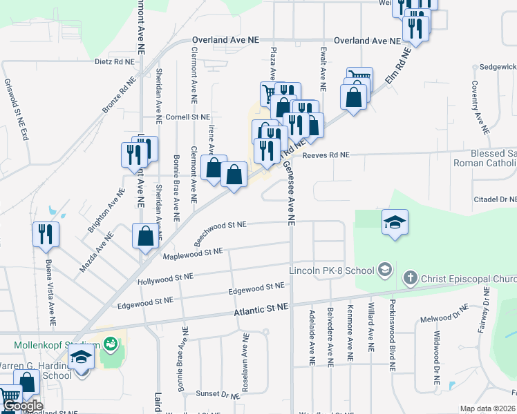 map of restaurants, bars, coffee shops, grocery stores, and more near 1805 Tiffany Drive Northeast in Warren