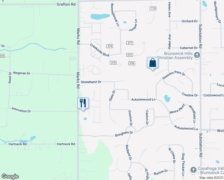 map of restaurants, bars, coffee shops, grocery stores, and more near 875 Slate Drive in Brunswick