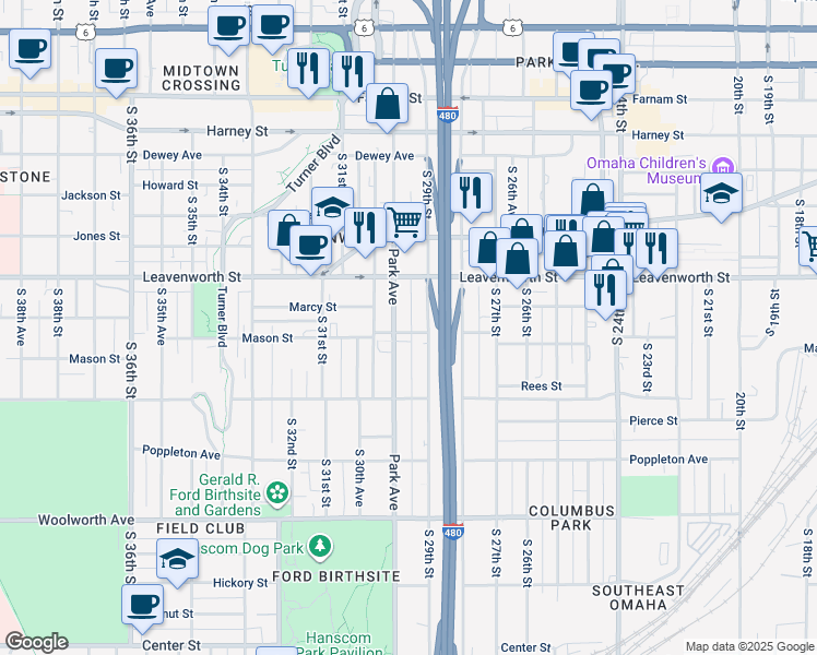 map of restaurants, bars, coffee shops, grocery stores, and more near 828 South 29th Street in Omaha