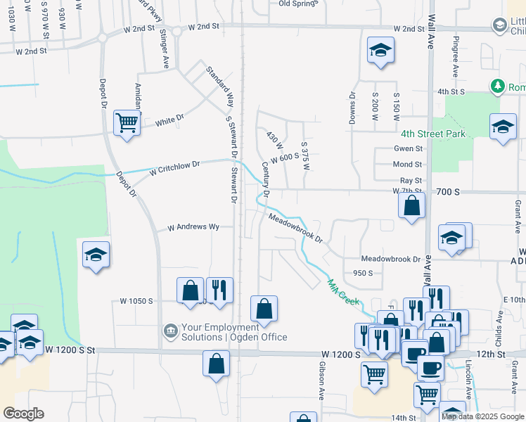map of restaurants, bars, coffee shops, grocery stores, and more near 734 Century Drive in Ogden