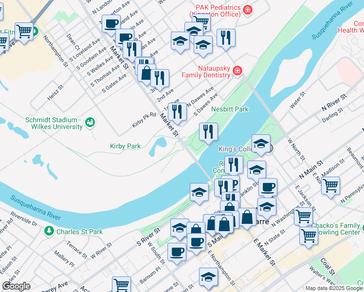 map of restaurants, bars, coffee shops, grocery stores, and more near 101 Market Street in Wilkes-Barre