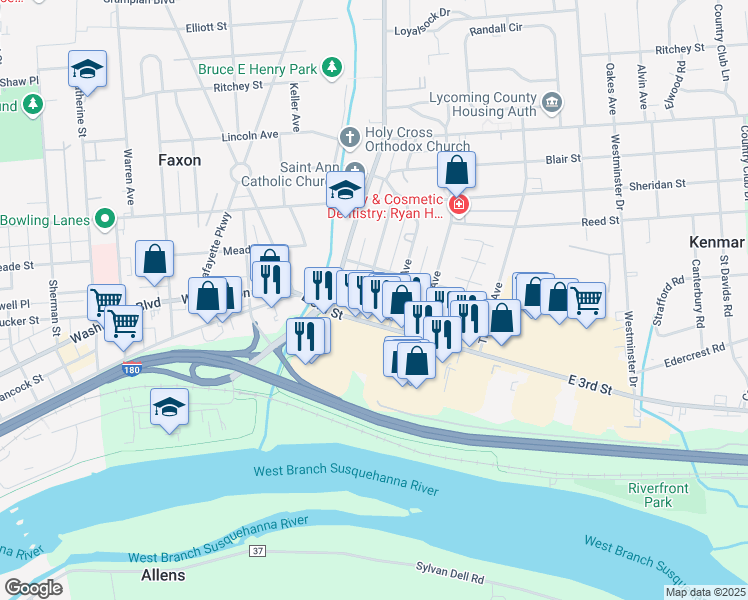 map of restaurants, bars, coffee shops, grocery stores, and more near 301-399 Russell Avenue in Williamsport