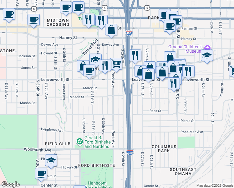 map of restaurants, bars, coffee shops, grocery stores, and more near 828 South 29th Street in Omaha