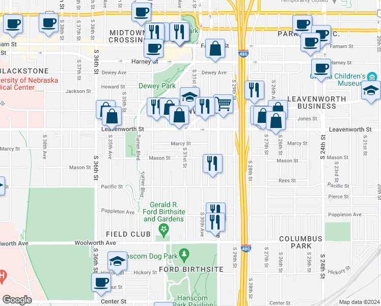 map of restaurants, bars, coffee shops, grocery stores, and more near 3024 Marcy Street in Omaha