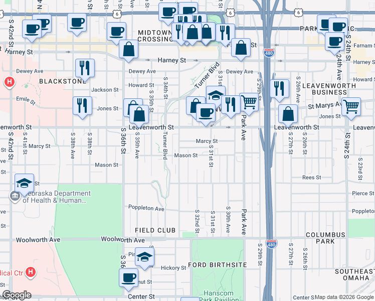 map of restaurants, bars, coffee shops, grocery stores, and more near 3216 Marcy Street in Omaha