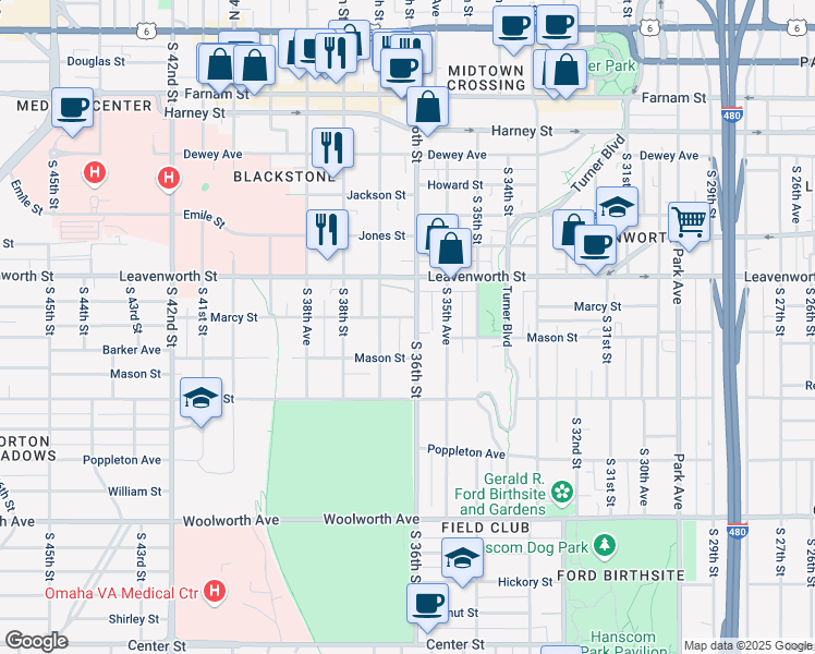 map of restaurants, bars, coffee shops, grocery stores, and more near 3612 Marcy Street in Omaha