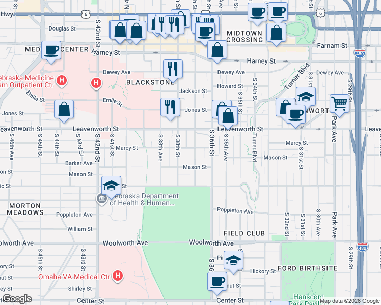 map of restaurants, bars, coffee shops, grocery stores, and more near 3720 Marcy Street in Omaha