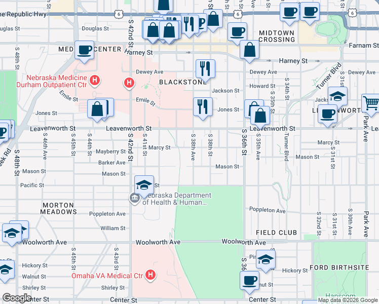 map of restaurants, bars, coffee shops, grocery stores, and more near 3858 Marcy Street in Omaha