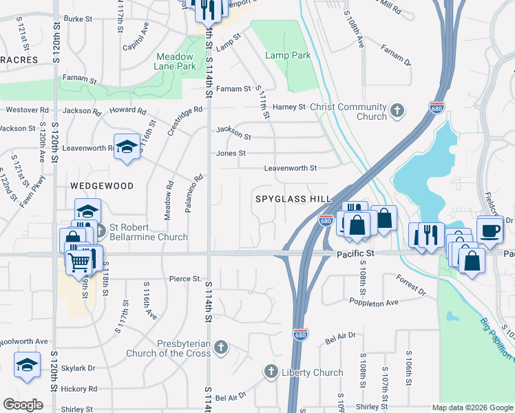map of restaurants, bars, coffee shops, grocery stores, and more near 905 South 112th Plaza in Omaha