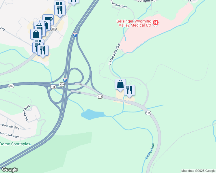 map of restaurants, bars, coffee shops, grocery stores, and more near 600 Wildflower Drive in Wilkes-Barre