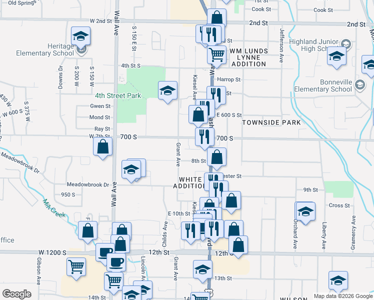 map of restaurants, bars, coffee shops, grocery stores, and more near 321 East 750 North in Ogden