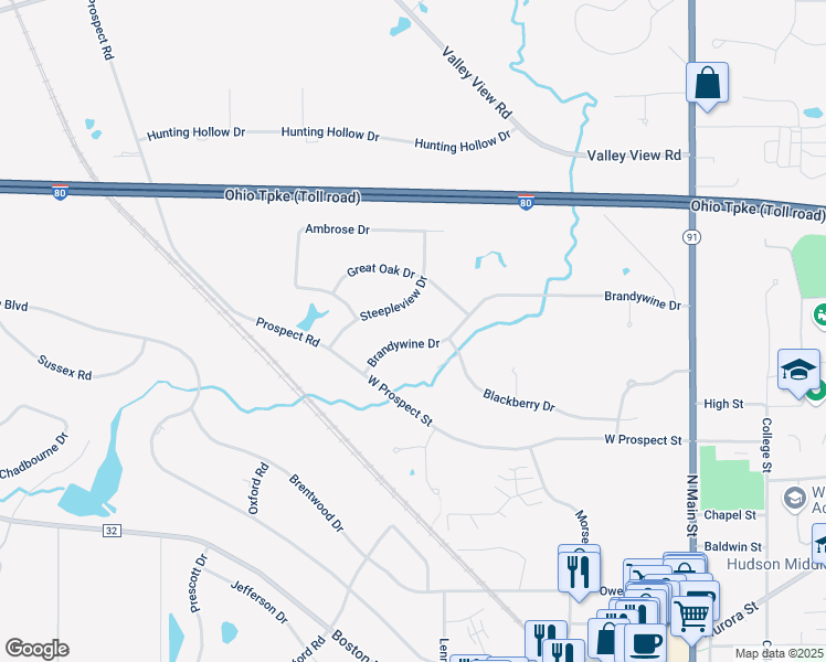 map of restaurants, bars, coffee shops, grocery stores, and more near 53 Steepleview Drive in Hudson