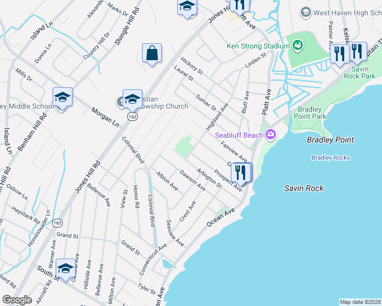 map of restaurants, bars, coffee shops, grocery stores, and more near 159 Prospect Avenue in West Haven