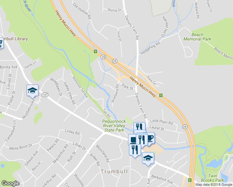 map of restaurants, bars, coffee shops, grocery stores, and more near 27 River Bend Road in Trumbull