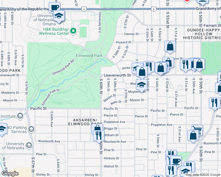 map of restaurants, bars, coffee shops, grocery stores, and more near 902 South 58th Street in Omaha