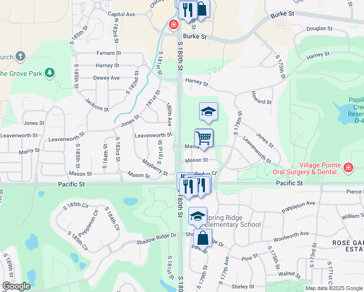 map of restaurants, bars, coffee shops, grocery stores, and more near 19261 Marcy Street in Omaha