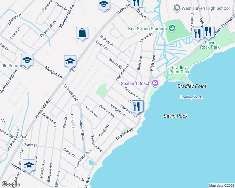 map of restaurants, bars, coffee shops, grocery stores, and more near 104 Grove Place in West Haven