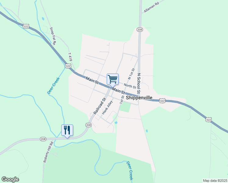 map of restaurants, bars, coffee shops, grocery stores, and more near 305 Main Street in Shippenville