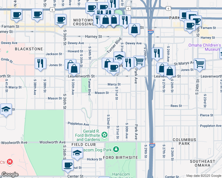 map of restaurants, bars, coffee shops, grocery stores, and more near 3115 Marcy Street in Omaha