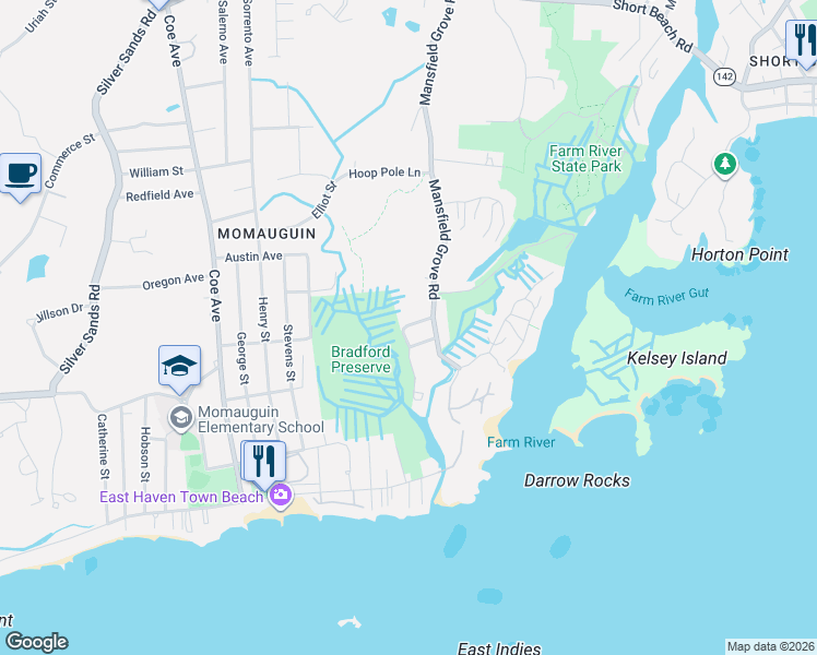 map of restaurants, bars, coffee shops, grocery stores, and more near 30 Whitman Street in East Haven