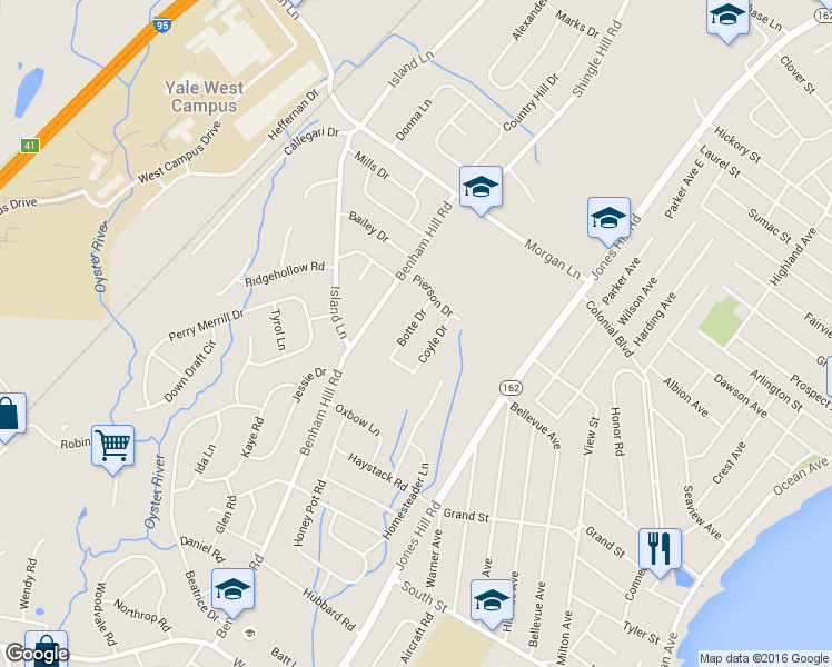 map of restaurants, bars, coffee shops, grocery stores, and more near 8 Botte Drive in West Haven